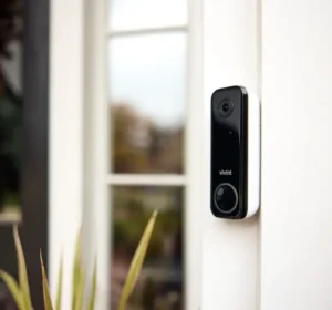 Vivint smart doorbell camera mounted at a front door, providing wireless home security with real-time video alerts and integration with smart alarm systems.