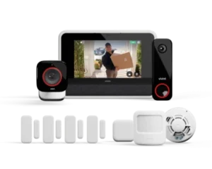 Vivint comprehensive home security package featuring a touchscreen control panel, indoor camera, doorbell camera, door/window sensors, motion detector, and smoke detector—delivering full wireless alarm and safety coverage.